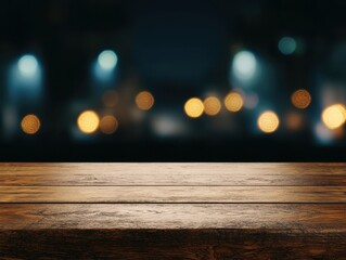 Wall Mural - A rustic wooden table with a blurred nighttime cityscape in the background, featuring soft, glowing bokeh lights.