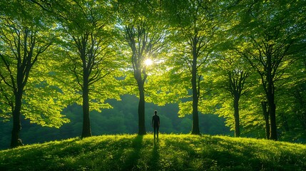 Aufkleber - Serene Forest Scene with Lush Green Trees and a Person Standing in Sunlight, Capturing the Essence of Nature and Tranquility in a Beautiful Landscape