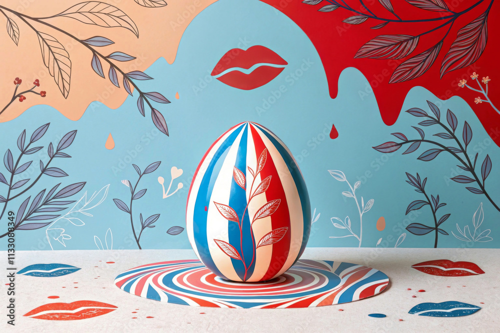 The bright red, blue and white striped egg stands out against the ...