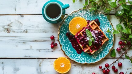 Sticker - Blue plate with a waffle and orange slices on it