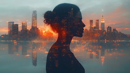 Aufkleber - Silhouette of a Woman Against a Vivid Urban Sunset, Showcasing a Mysterious Cityscape with Colorful Reflections in Calm Water
