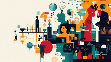 Poster - Abstract illustration depicting interconnected ideas, innovation, and collaboration, featuring diverse figures in a vibrant color palette.