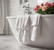© Latsamee - Close-up of towels and flowers by bathtub edge, modern, clean, wellness, elegant