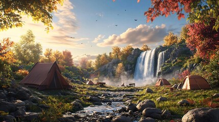 Wall Mural - Serene Camping Getaway at Towering Waterfall with Lush Foliage and Misty Ambiance A peaceful outdoor scene showcasing a tranquil camping site nestled by a majestic waterfall