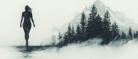 Aufkleber - Artistic silhouette of a woman walking through a foggy landscape featuring majestic mountains, tall pine trees, and a mystical atmosphere ideal for nature-inspired themes and projects.