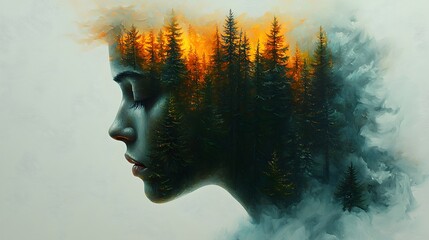 Aufkleber - Ethereal Woman with Forest Landscape in Double Exposure, Capturing the Connection Between Nature and Human Emotion in a Dreamlike Portrait