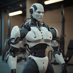 Poster - Futuristic humanoid robot standing in a modern gym, showcasing sleek design and advanced engineering.