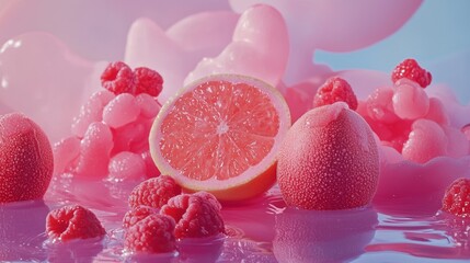 Wall Mural - Frozen berries and grapefruit in a vibrant pink setting