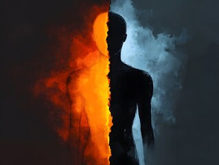 Poster - Abstract Illustration of a Human Silhouette Divided by Opposing Elements of Fire and Ice, Symbolizing the Duality of Nature and Human Emotion