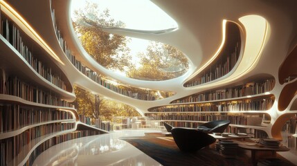 Aufkleber - A futuristic library with a blend of physical books and AR-enhanced spaces