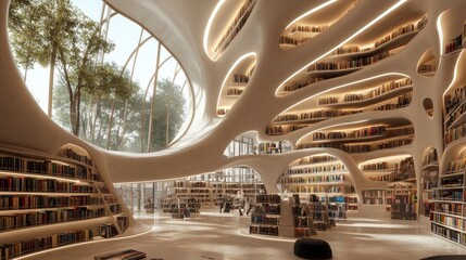 Aufkleber - A futuristic library with a blend of physical books and AR-enhanced spaces