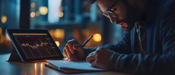 Aufkleber - Focused individual studying market trends and making notes while using a digital tablet displaying stock charts in a dimly lit environment at night