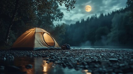 Poster - Serene riverside campsite with glowing tents and the full moon casting shimmering reflections on the tranquil water