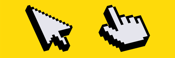 Poster - Two retro pixel icons—a white arrow and a pointing hand—appear side by side.