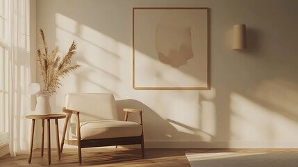 Wall Mural - White-walled living room featuring light wooden flooring, a comfortable armchair, a small side table with a lamp, and abstract artwork on the wall, all styled in Scandinavian design, 3D rendering