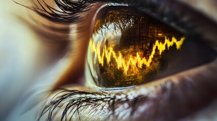 Poster - Macro Close-Up of an Eye Reflecting Stock Market Trends with Digital Fluctuations in a Golden Hue, Symbolizing Financial Insights and Analytics