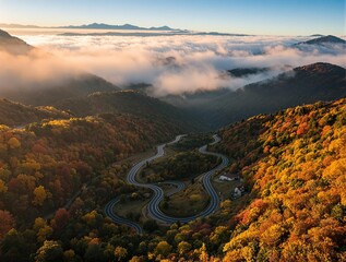 Poster - Aerial view of a scenic mountain pass, with a ribbon of road cutting through colorful foliage.