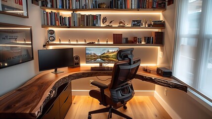 Poster - Home office setup with a sleek walnut desk, ergonomic chair, and built-in bookshelves illuminated by LED strips. interior design 