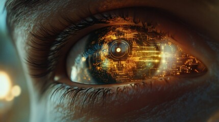 Poster - A close-up of a futuristic eye with digital circuitry and glowing elements.