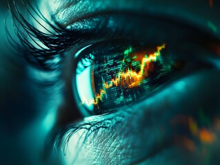 Poster - Close-Up of an Eye Reflecting Stock Market Data with Vibrant Graph Trends in Shades of Blue, Orange, and Green Representing Financial Investments and Analysis