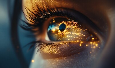 Poster - A close-up of an eye reflecting a vibrant cityscape with lights.