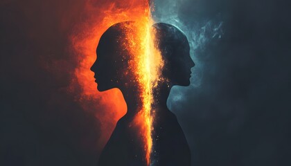 Aufkleber - Artistic Representation of Duality in Human Nature with Flame and Ice Symbolism Showcasing Inner Conflict and Emotional Expression