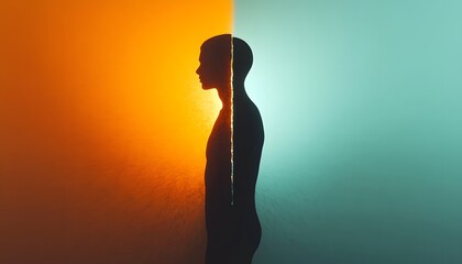 Poster - Abstract Concept of Duality in Human Experience Represented by Silhouette of a Person Divided by Warm and Cool Color Backgrounds