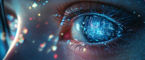 Poster - A close-up of an eye reflecting digital data and technology.