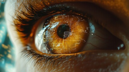 Poster - A close-up of an eye with a digital circuit design reflected in it.