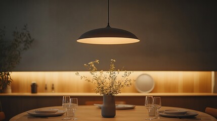 Aufkleber - A cozy dining setup with a floral centerpiece under warm lighting.