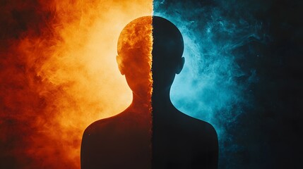 Aufkleber - Silhouette of a Head Surrounded by Flames and Smoke in Vivid Orange and Blue Colors Representing Duality and Inner Conflict in Artistic Expression