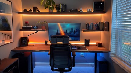 Poster - Home office setup with a sleek walnut desk, ergonomic chair, and built-in bookshelves illuminated by LED strips. interior design 