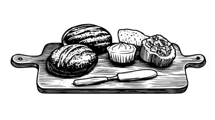 Wall Mural - Multiple pastries served on a wooden cutting board with a butter knife, Culinary Vector Graphic