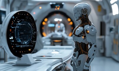 Poster - A futuristic robotic figure stands in a high-tech medical environment.