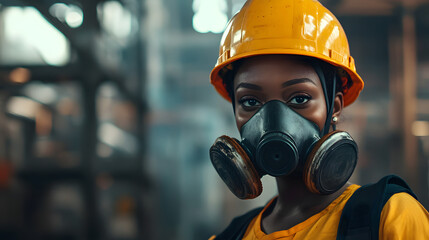 A woman adorned in a vibrant yellow helmet and protective gas mask stands confidently in a hazardous work environment.