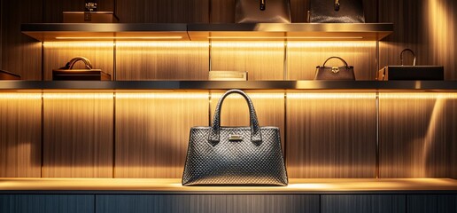 Poster - A stylish handbag displayed on a well-lit shelf in a luxury setting.