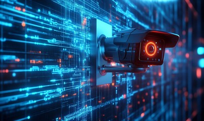 Poster - A surveillance camera against a digital backdrop of data streams.