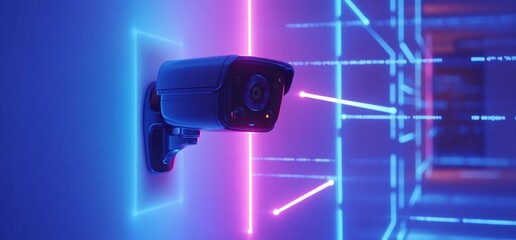 Aufkleber - A surveillance camera illuminated by neon lights in a futuristic setting.