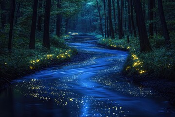 Wall Mural - Enchanted forest river at night, glowing with fireflies, magical scene.