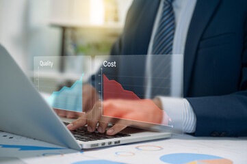 Aufkleber - Business Professional Analyzing Cost and Quality Metrics, Data Visualization Highlights the Relationship Between Financial Efficiency and Quality Enhancement in Corporate Strategy.