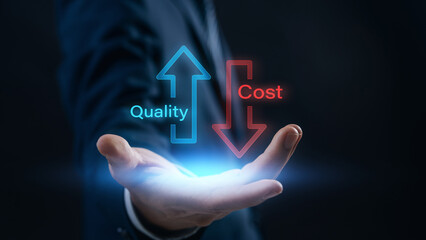 Aufkleber - Quality improvement and cost management visualization for success. Digital interface showcasing strategic planning and performance enhancement through innovation and decision making.