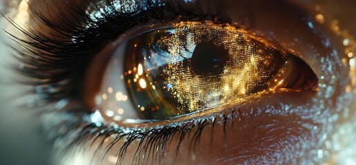 Poster - Close-up of an eye reflecting a cosmic scene with sparkling lights.