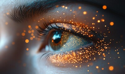 Aufkleber - Close-up of an eye with sparkling effects and glowing particles around it.