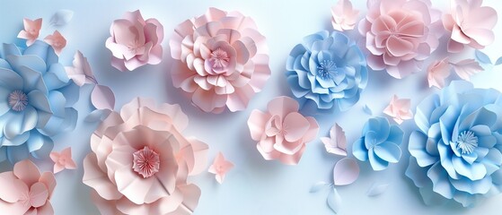 Poster - Beautiful pastel blue and pink paper flowers on a white background.