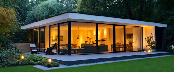 Aufkleber - Modern glass house surrounded by greenery, illuminated warmly at dusk.