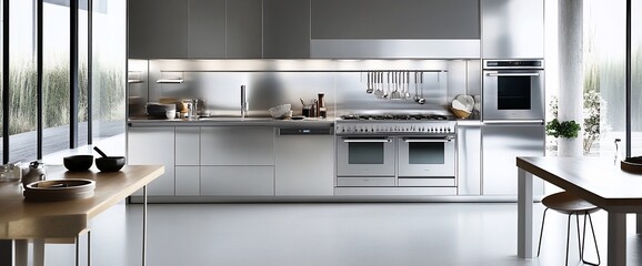 Aufkleber - Modern kitchen with stainless steel appliances and minimalist design.