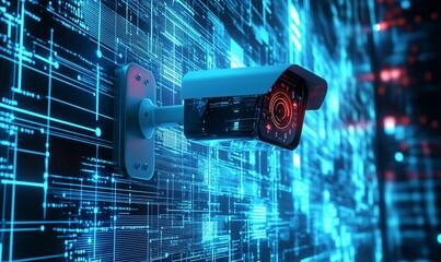 Poster - Surveillance camera against a digital data background, symbolizing security.