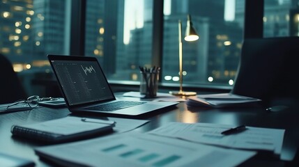 Poster - Professional Workspace with Laptop and Paperwork at Night