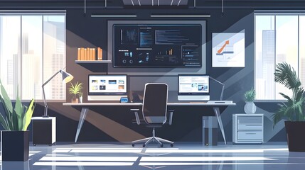 Poster - Modern Office Workspace With City View And Large Monitor