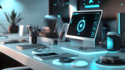 Poster - Modern Futuristic Office Workspace With Advanced Technology